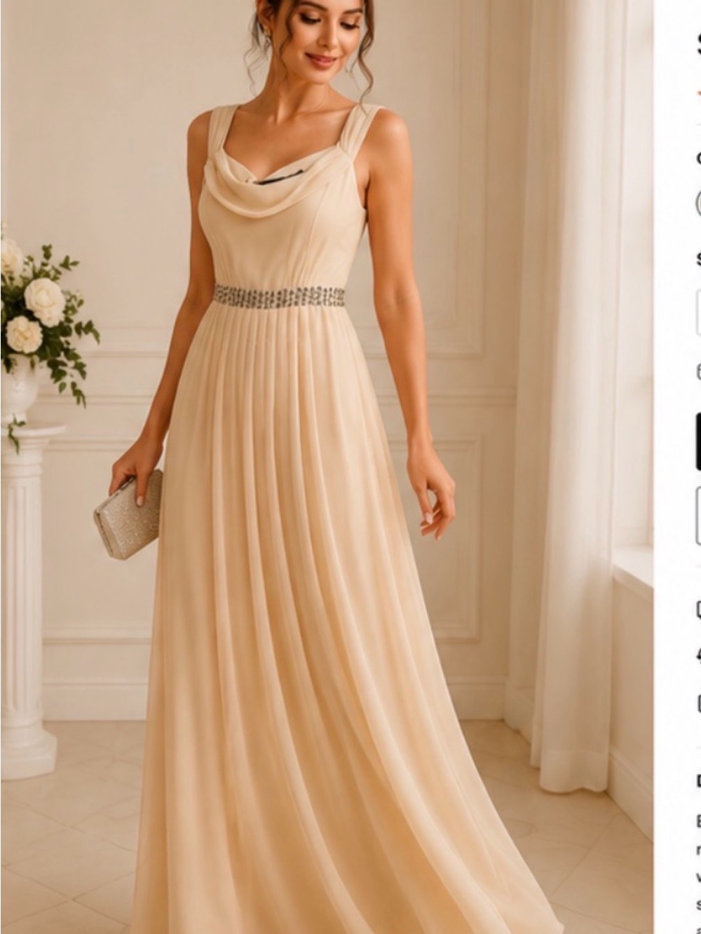Elegant Cream Chiffon Evening Dress with Beaded Waist